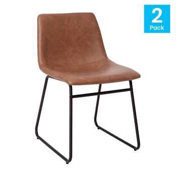 Flash Furniture 18&quot; Dining Table Height Chair, Mid-Back Sled Base, Light Brown Leathersoft with Black Frame, Set of 2