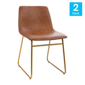 Flash Furniture 18&quot; Dining Table Height Chair, Mid-Back Sled Base, Light Brown Leathersoft with Gold Frame, Set of 2