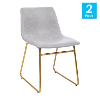 Flash Furniture 18&quot; Dining Table Height Chair, Mid-Back Sled Base, Light Gray Leathersoft with Gold Frame, Set of 2