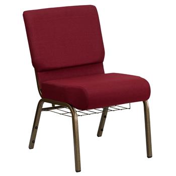 Flash Furniture Hercules Series 21&#39;&#39;W Church Chair In Burgundy Fabric With Cup Book Rack, Gold Vein Frame