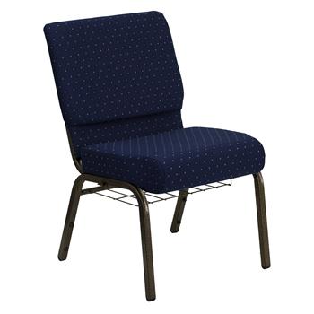 Flash Furniture Hercules Series 21&#39;&#39;W Church Chair In Navy Blue Dot Patterned Fabric With Book Rack, Gold Vein Frame