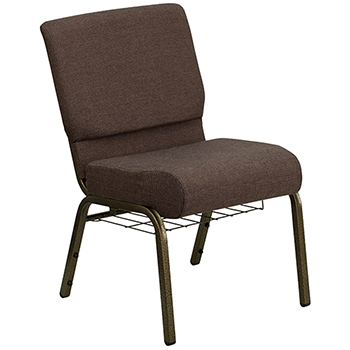 Flash Furniture HERCULES Series 21&#39;&#39;W Church Chair in Brown Fabric with Cup Book Rack - Gold Vein Frame