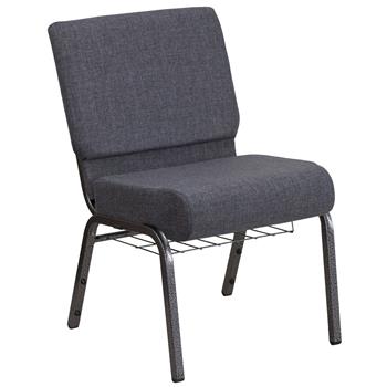 Flash Furniture Hercules Series 21&#39;&#39;W Church Chair In Dark Gray Fabric With Book Rack, Silver Vein Frame