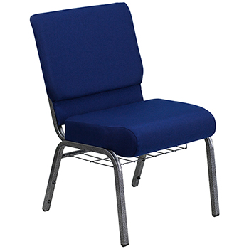 Flash Furniture HERCULES Series 21&#39;&#39;W Church Chair in Navy Blue Fabric with Cup Book Rack - Silver Vein Frame