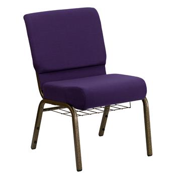 Flash Furniture HERCULES Series 21&#39;&#39;W Church Chair in Royal Purple Fabric with Cup Book Rack - Gold Vein Frame