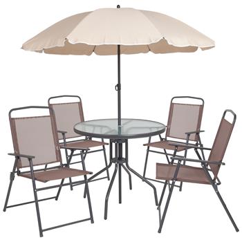 Flash Furniture Nantucket 6-Piece Brown Patio Garden Set With Table, Tan Umbrella &amp; 4 Folding Chairs
