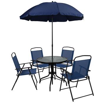 Flash Furniture Nantucket 6-Piece Patio Garden Set With Umbrella Table And 4 Folding Chairs, Navy