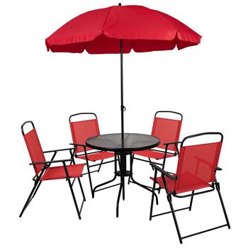 Flash Furniture Nantucket 6-Piece Patio Garden Set With Umbrella Table And 4 Folding Chairs, Red