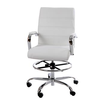 Flash Furniture Mid-Back White Leathersoft Drafting Chair with Adjustable Foot Ring and Chrome Base