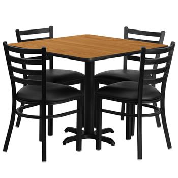 Flash Furniture 36&#39;&#39; Square Natural Laminate Table Set with X-Base and 4 Ladder Back Metal Chairs - Black Vinyl Seat