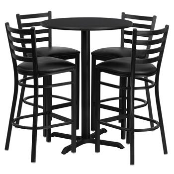 Flash Furniture 30&#39;&#39; Round Black Laminate Table Set with X-Base and 4 Ladder Back Metal Barstools - Black Vinyl Seat