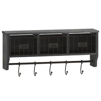 Flash Furniture Daly Wall Mounted Storage Rack, 24 in, Upper Shelf, 5 Hooks, Wire Baskets, Pine Wood, Blackwashed