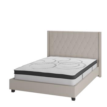 Flash Furniture Riverdale Tufted Upholstered Platform Bed with Queen Size Pocket Spring Mattress, Beige Fabric