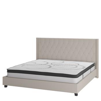 Flash Furniture Riverdale Tufted Upholstered Platform Bed with King Size Pocket Spring Mattress, Beige Fabric
