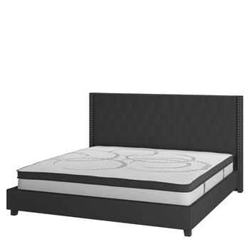 Flash Furniture Riverdale Tufted Upholstered Platform Bed with King Size Pocket Spring Mattress, Black Fabric