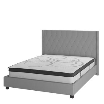 Flash Furniture Riverdale Tufted Upholstered Platform Bed with King Size Pocket Spring Mattress, Light Gray Fabric