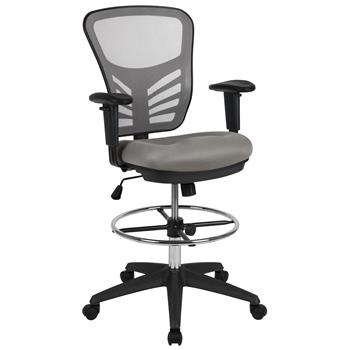 Flash Furniture Mid-Back Light Gray Mesh Ergonomic Drafting Chair With Adjustable Chrome Foot Ring, Adjustable Arms And Black Frame