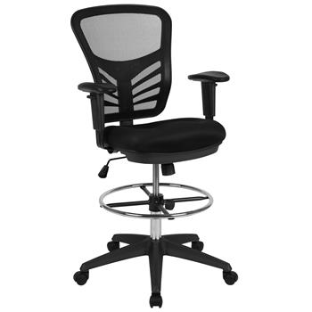 Flash Furniture Mid-Back Black Mesh Ergonomic Drafting Chair With Adjustable Chrome Foot Ring, Adjustable Arms And Black Frame