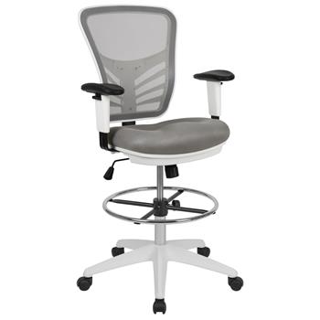 Flash Furniture Mid-Back Light Gray Mesh Ergonomic Drafting Chair With Adjustable Chrome Foot Ring, Adjustable Arms And White Frame