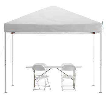 Flash Furniture Portable Event Tent Set, 10 ft x 10 ft Pop Up Canopy Tent, 6-Foot Bi-Fold Table, Set of 4 White Folding Chairs