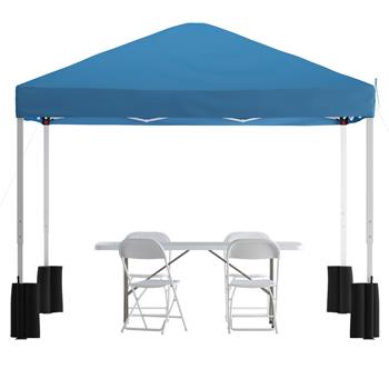 Flash Furniture Portable Tailgate Tent Set, Wheeled Pop Up Canopy with 6 ft Bi-Fold Table and 4 White Folding Chairs, 10 ft x 10 ft, Blue
