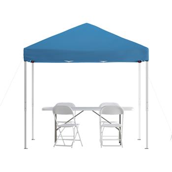 Flash Furniture Portable Tailgate Tent Set, Wheeled Pop Up Canopy with 6 ft Bi-Fold Table and 4 White Folding Chairs, 8 ft x 8 ft, Blue