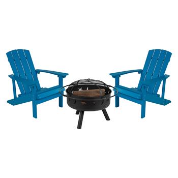 Flash Furniture Charlestown Poly Resin Wood Adirondack Chair Set with Fire Pit, 3 Piece, Blue