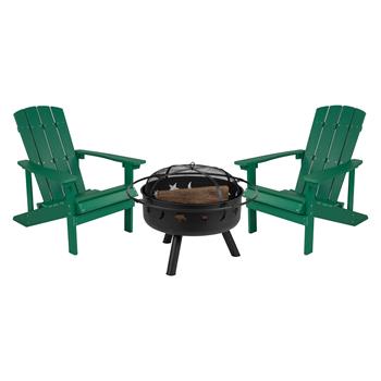 Flash Furniture Charlestown Poly Resin Wood Adirondack Chair Set with Fire Pit, 3 Piece, Green