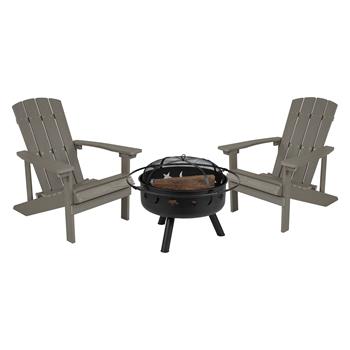 Flash Furniture Charlestown Poly Resin Wood Adirondack Chair Set with Fire Pit, 3 Piece, Gray