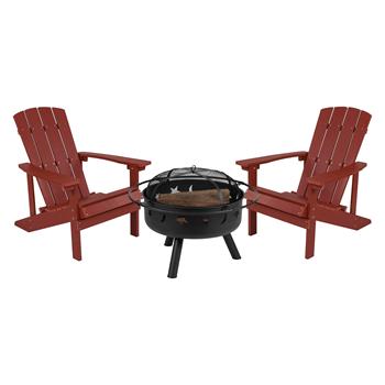 Flash Furniture Charlestown Poly Resin Wood Adirondack Chair Set with Fire Pit, 3 Piece, Red