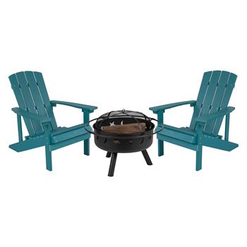 Flash Furniture Charlestown Poly Resin Wood Adirondack Chair Set with Fire Pit, 3 Piece, Sea Foam