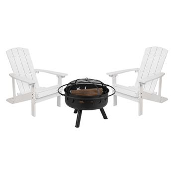Flash Furniture Charlestown Poly Resin Wood Adirondack Chair Set with Fire Pit, 3 Piece, White