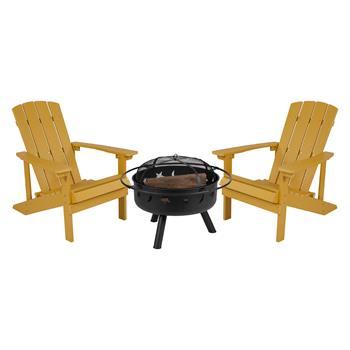 Flash Furniture Charlestown Poly Resin Wood Adirondack Chair Set with Fire Pit, 3 Piece, Yellow