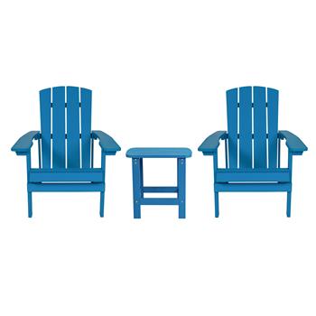 Flash Furniture Charlestown All-Weather Wood Adirondack Chairs with Side Table, Blue, 2 Pack