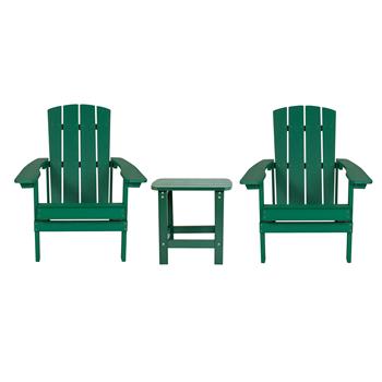 Flash Furniture Charlestown All-Weather Poly Resin Wood Adirondack Chairs With Side Table, Green, 2/EA