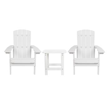 Flash Furniture Charlestown All-Weather Poly Resin Wood Adirondack Chairs With Side Table, White, 2/EA