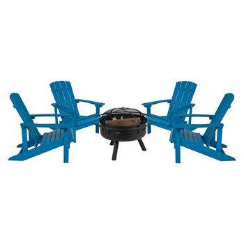 Flash Furniture Charlestown Poly Resin Wood Adirondack Chair Set with Fire Pit, 5 Piece, Blue