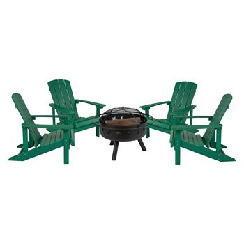 Flash Furniture Charlestown Poly Resin Wood Adirondack Chair Set with Fire Pit, 5 Piece, Green