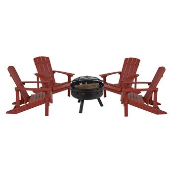 Flash Furniture Charlestown Poly Resin Wood Adirondack Chair Set with Fire Pit, 5 Piece, Red