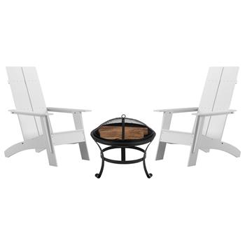 Flash Furniture Finn Modern All-Weather 2-Slat Rocking Adirondack Chairs with Wood Burning Fire Pit,White, Set of 2