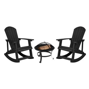 Flash Furniture Savannah All-Weather Wood Adirondack Rocking Chairs and Fire Pit Set, Black, Set of 2
