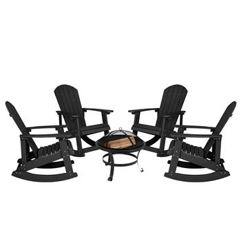 Flash Furniture Savannah All-Weather Adirondack Rocking Chairs and Fire Pit Set, Black, Set of 4