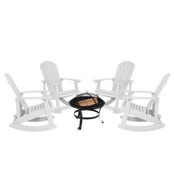 Flash Furniture Savannah All-Weather Adirondack Rocking Chairs and Fire Pit Set, White, Set of 4
