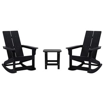 Flash Furniture Finn Modern All-Weather 2-Slat Rocking Adirondack Chairs and Side Table Set, Black, Set of 2