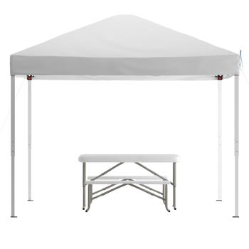 Flash Furniture Pop Up Event Canopy Tent with Carry Bag and Folding Bench Set, 10 ft x 10 ft, White