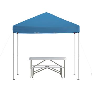 Flash Furniture Pop Up Event Canopy Tent with Carry Bag and Folding Bench Set, 8 ft x 8 ft, Blue