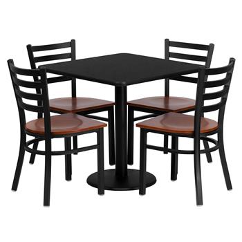 Flash Furniture 30&#39;&#39; Square Black Laminate Table Set with 4 Ladder Back Metal Chairs, Cherry Wood Seat