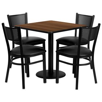 Flash Furniture 30&#39;&#39; Square Walnut Laminate Table Set with 4 Grid Back Metal Chairs, Black Vinyl Seat