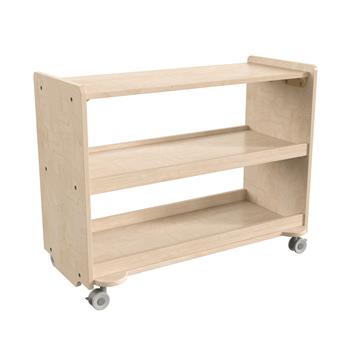 Bright Beginnings Commercial Grade Space Saving 3-Shelf Wooden Mobile Classroom Storage Cart with Locking Caster Wheels, Natural