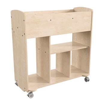 Bright Beginnings Commercial Grade Double Sided Wooden Mobile Storage Cart with Locking Caster Wheels and 10 Storage Compartments, Natural